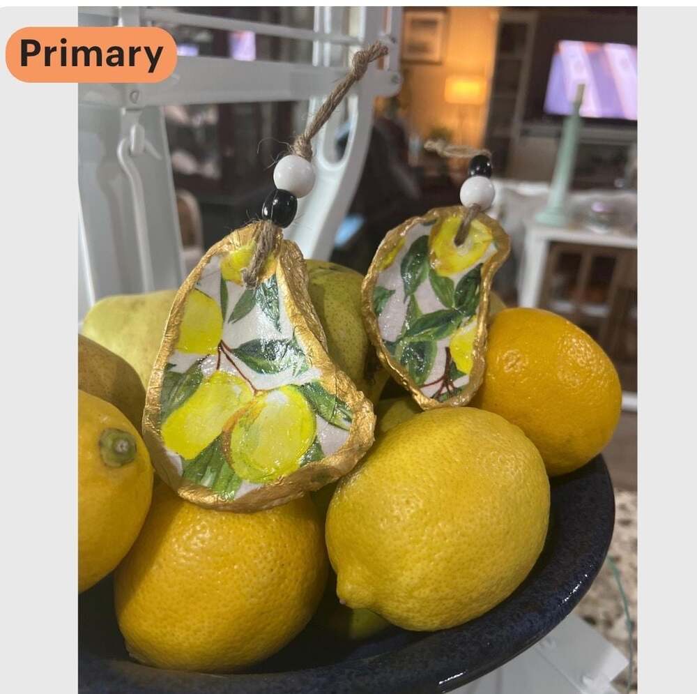 Handmade Decoupage Lemon Oyster Shell Trinket Dish with Gold Trim